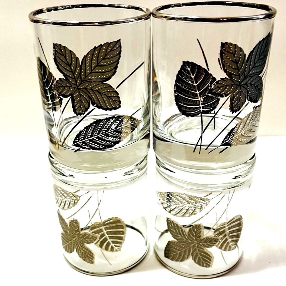 Libby MCM VTG Barware Rocks Glasses Set of 4 Tumblers Embossed Silver Leaves Rim - Picture 2 of 16
